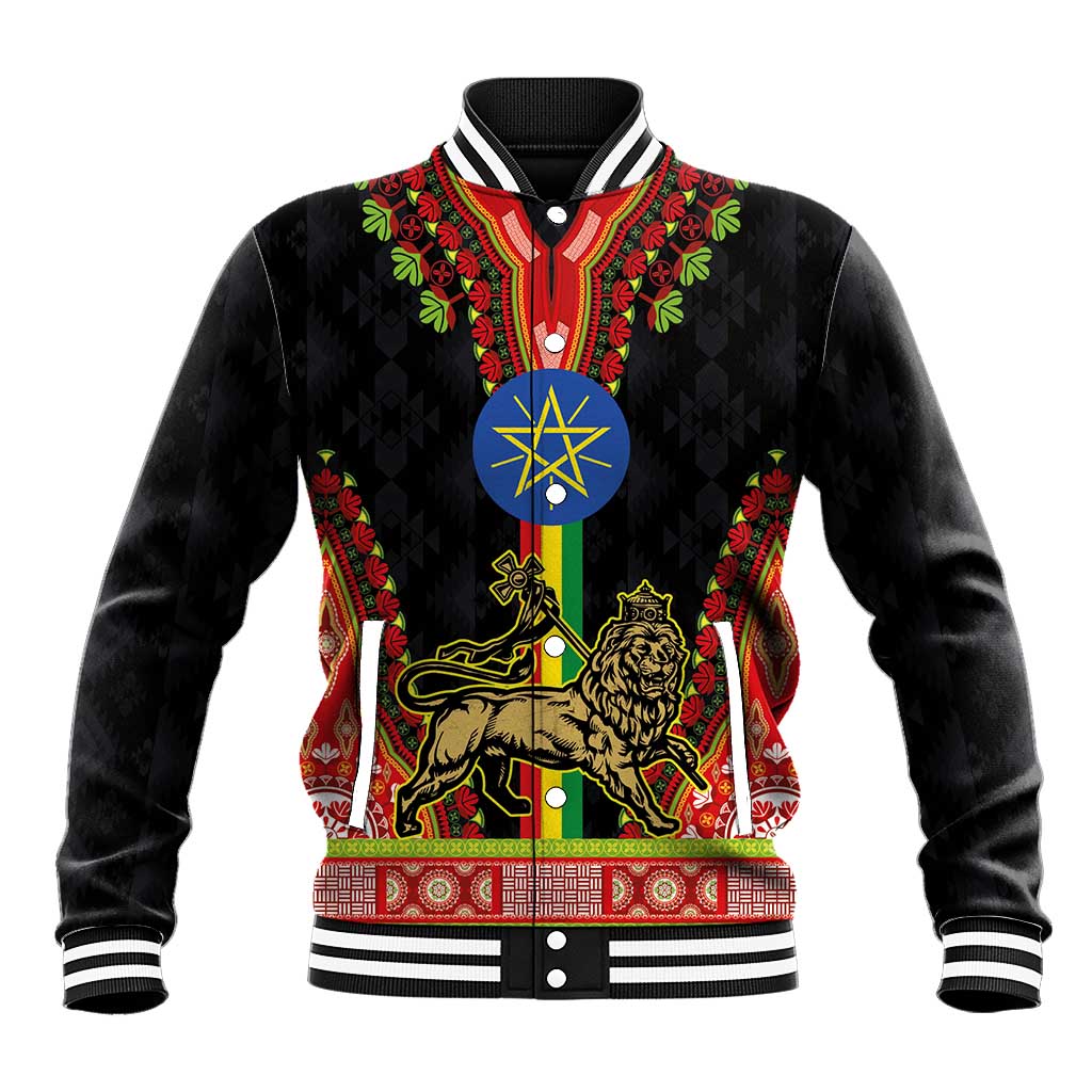 Unisex black baseball jacket with lion artwork and circular blue star emblem, striped ribbed trim