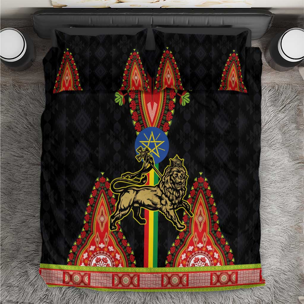 Black bedding set with Lion of Judah emblem and red ornate panel design