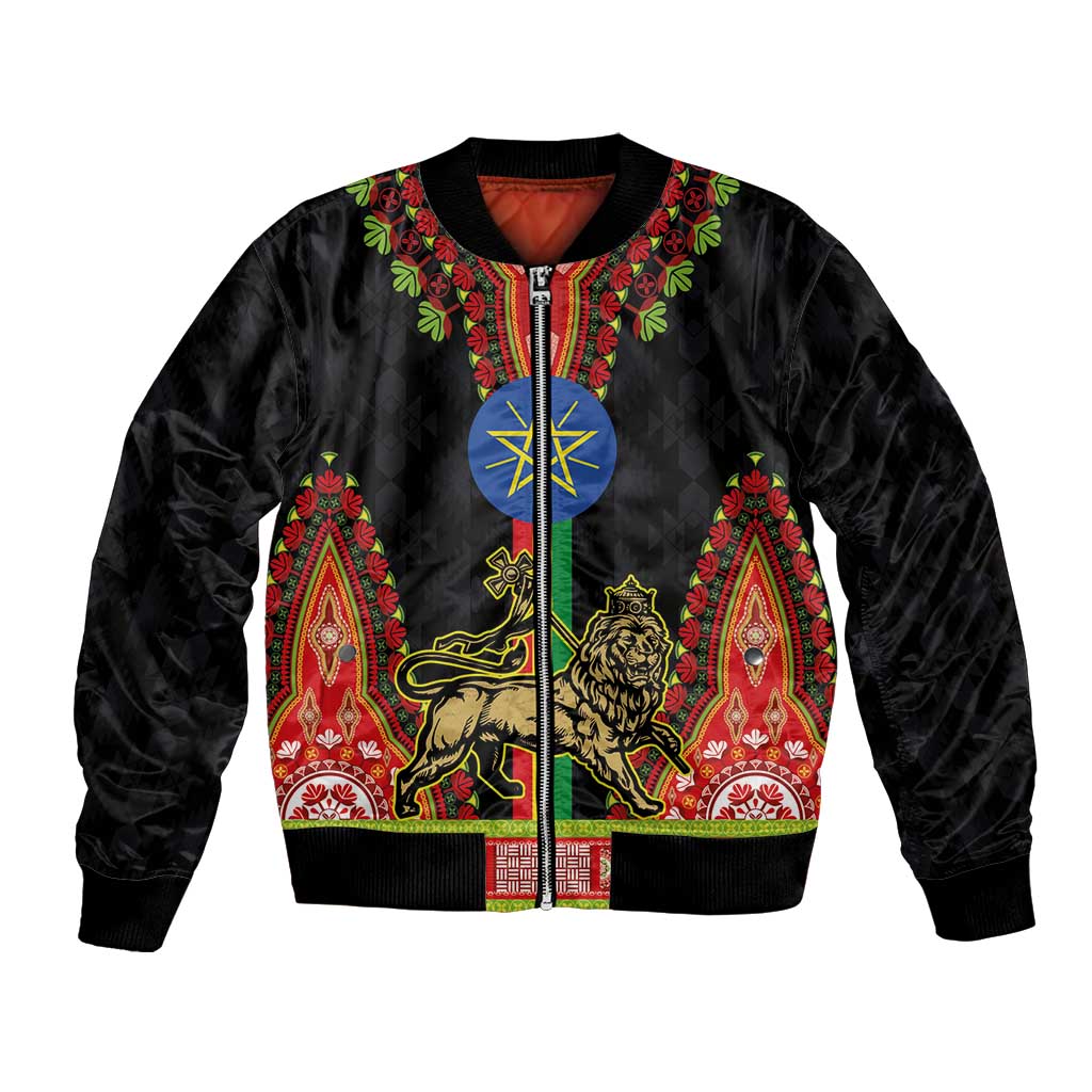 Black bomber jacket with dashiki lion graphic, red trim, ribbed cuffs and waistband