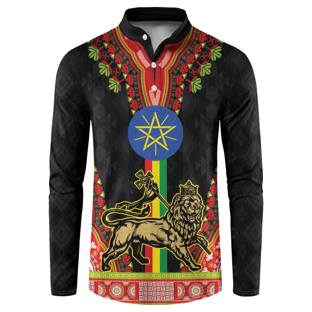 Black button-front sweatshirt with lion and star seal dashiki print