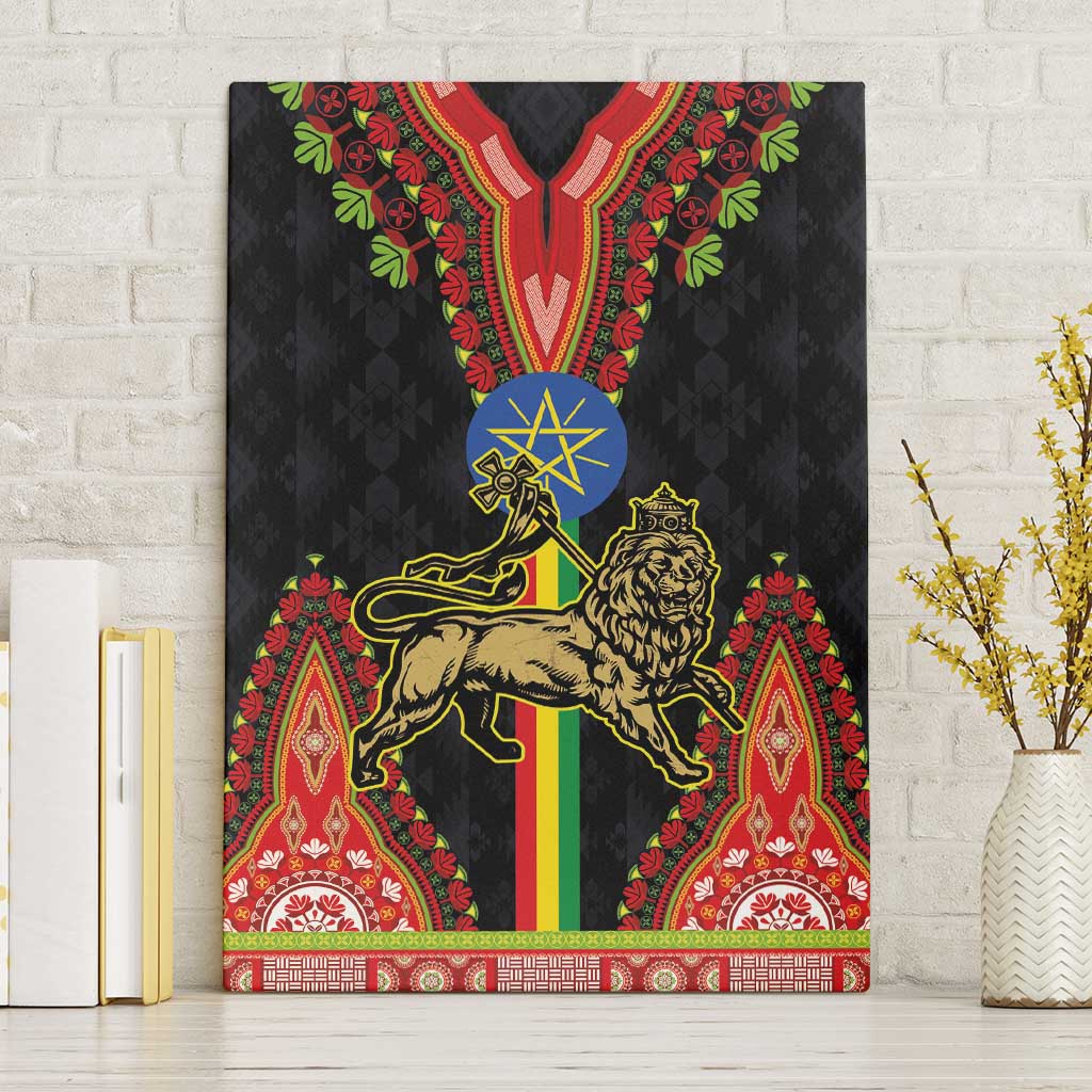 Framed canvas wall art with golden Lion of Judah and red dashiki pattern on black