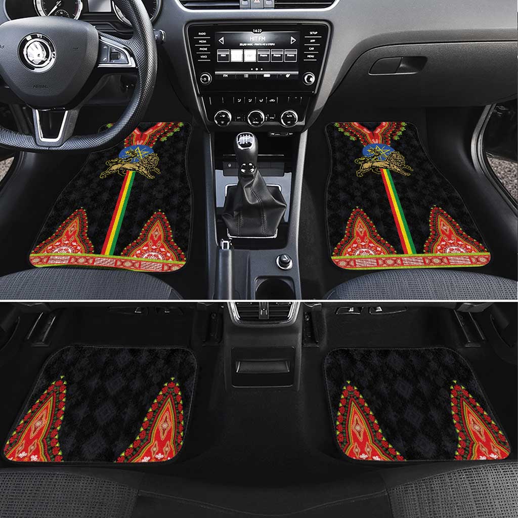 Black car floor mats with Lion of Judah emblem, red dashiki patterns, green-yellow stripe