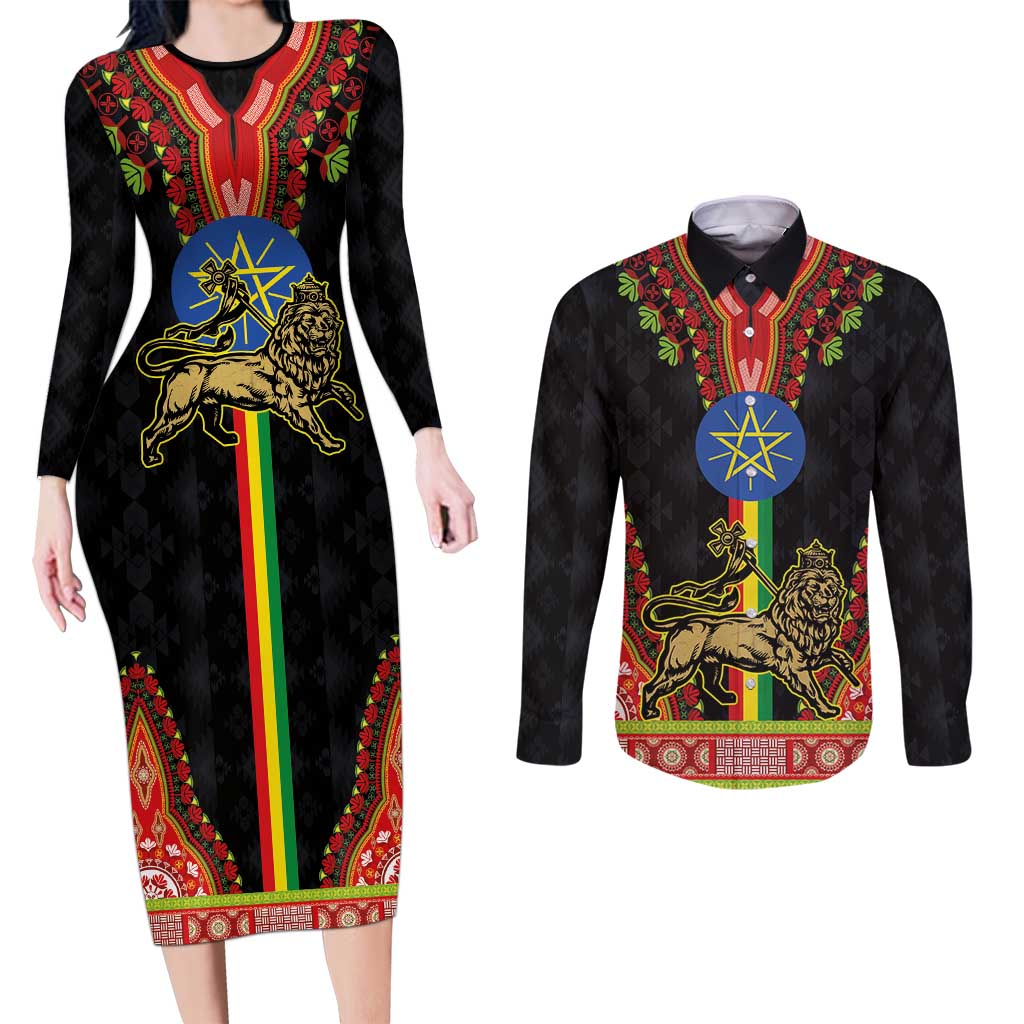 Ethiopia Culture Couples Matching Long Sleeve Bodycon Dress and Long Sleeve Button Shirt Lion of Judah with The Star Seal - Dashiki Style