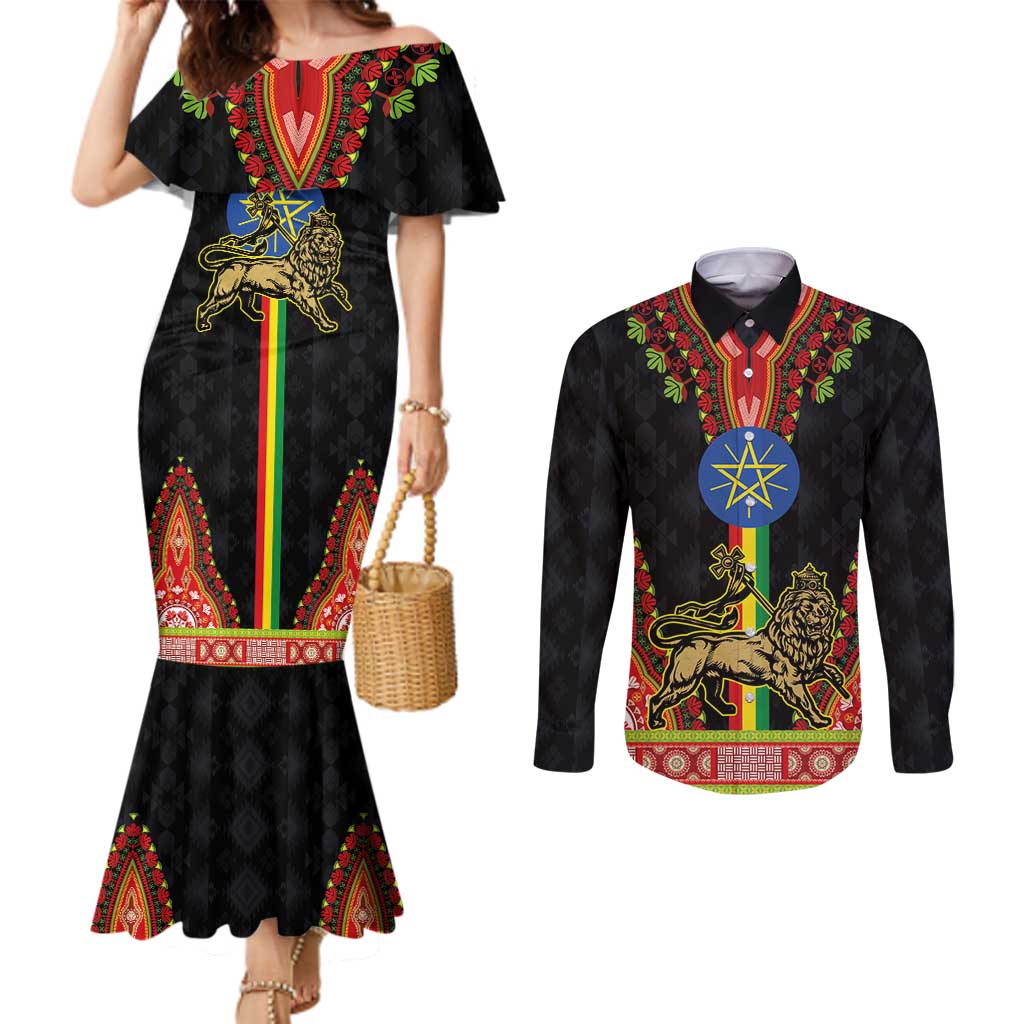 Ethiopia Culture Couples Matching Mermaid Dress and Long Sleeve Button Shirt Lion of Judah with The Star Seal - Dashiki Style