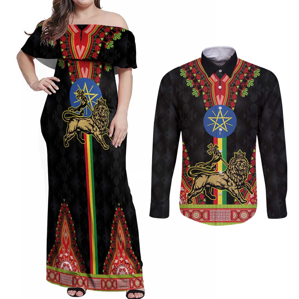 Ethiopia Culture Couples Matching Off Shoulder Maxi Dress and Long Sleeve Button Shirt Lion of Judah with The Star Seal - Dashiki Style