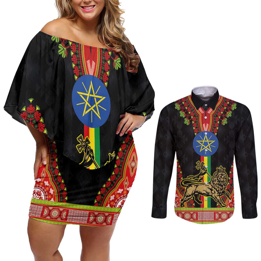 Ethiopia Culture Couples Matching Off Shoulder Short Dress and Long Sleeve Button Shirt Lion of Judah with The Star Seal - Dashiki Style