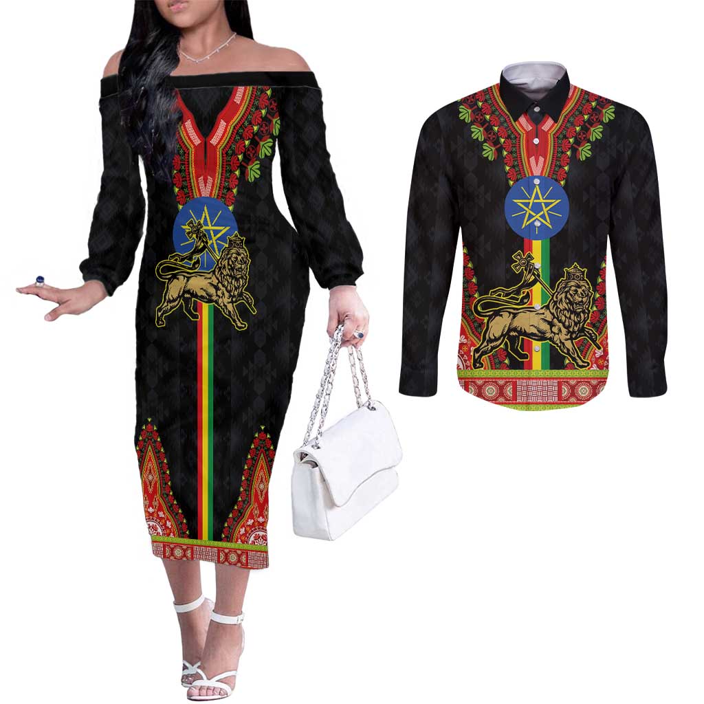 Ethiopia Culture Couples Matching Off The Shoulder Long Sleeve Dress and Long Sleeve Button Shirt Lion of Judah with The Star Seal - Dashiki Style