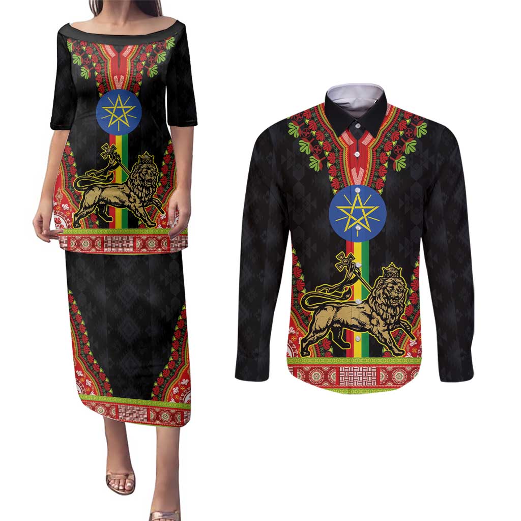 Ethiopia Culture Couples Matching Puletasi and Long Sleeve Button Shirt Lion of Judah with The Star Seal - Dashiki Style