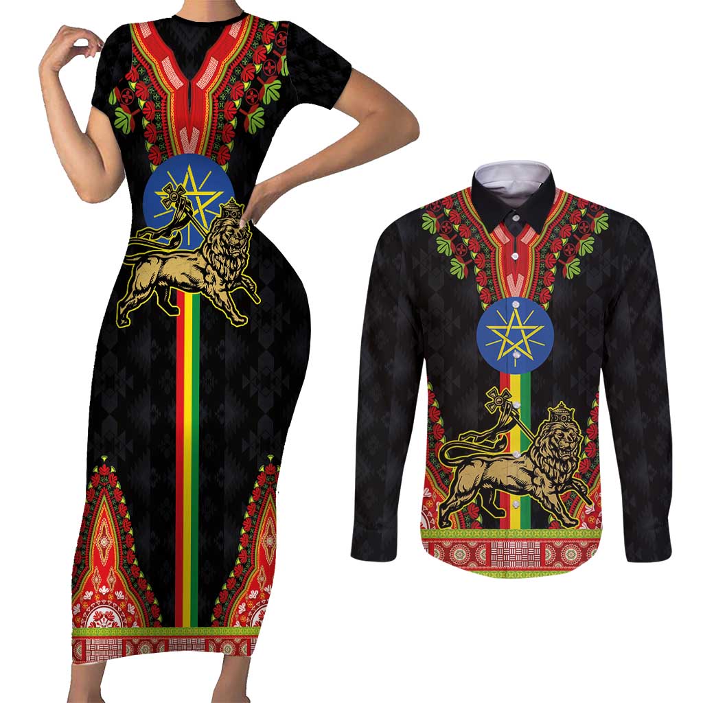 Ethiopia Culture Couples Matching Short Sleeve Bodycon Dress and Long Sleeve Button Shirt Lion of Judah with The Star Seal - Dashiki Style