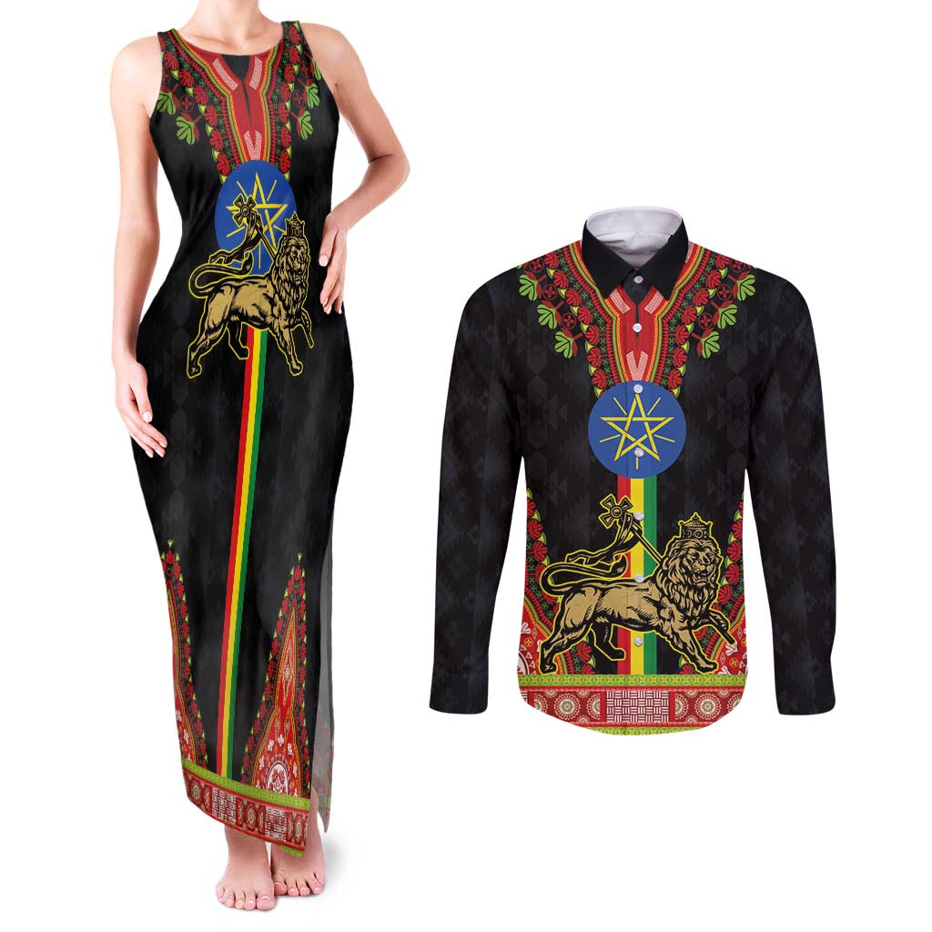 Ethiopia Culture Couples Matching Tank Maxi Dress and Long Sleeve Button Shirt Lion of Judah with The Star Seal - Dashiki Style