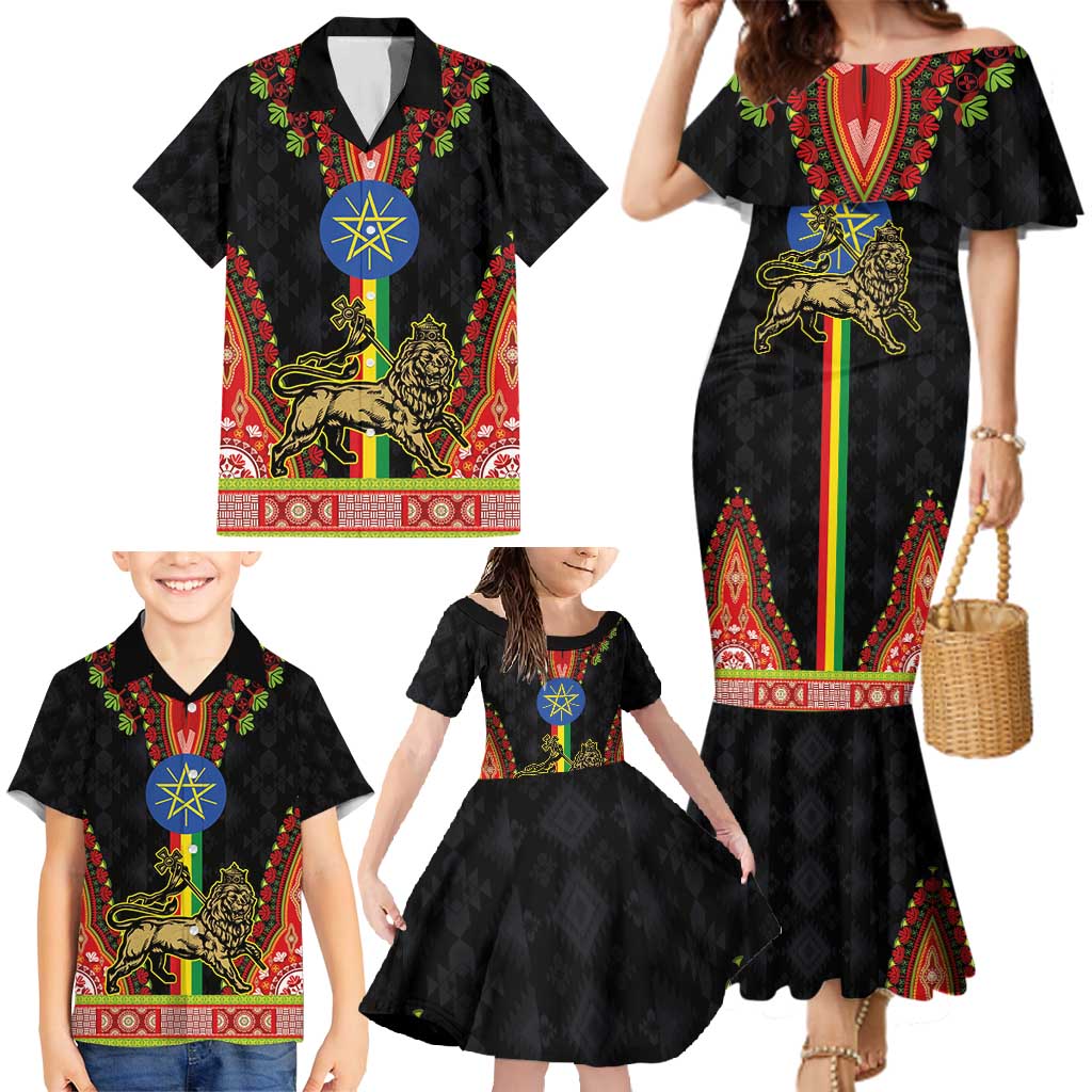 Ethiopia Culture Family Matching Mermaid Dress and Hawaiian Shirt Lion of Judah with The Star Seal - Dashiki Style