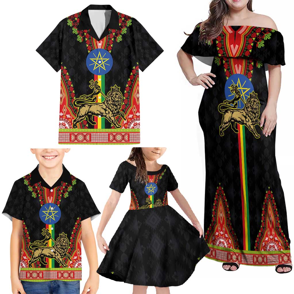 Ethiopia Culture Family Matching Off Shoulder Maxi Dress and Hawaiian Shirt Lion of Judah with The Star Seal - Dashiki Style