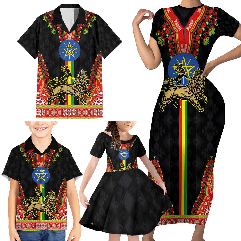 Ethiopia Culture Family Matching Short Sleeve Bodycon Dress and Hawaiian Shirt Lion of Judah with The Star Seal - Dashiki Style