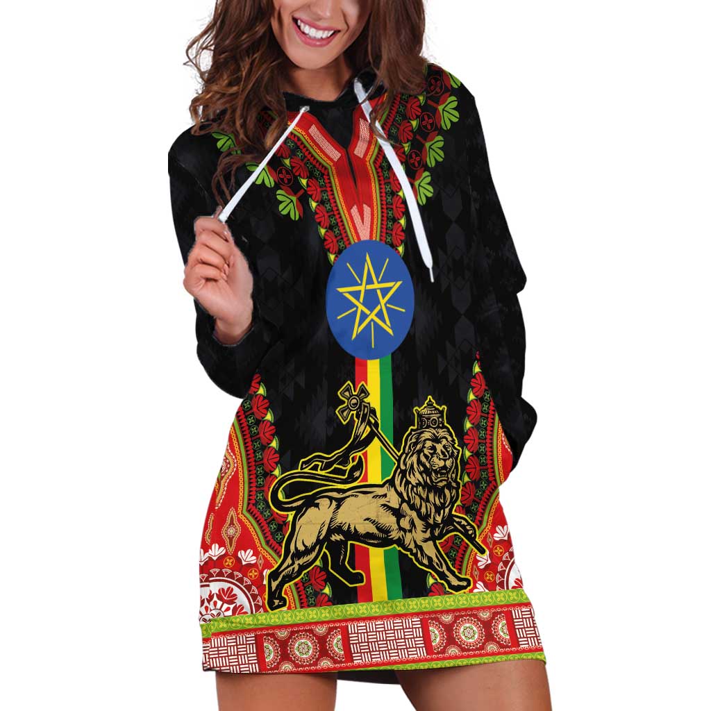 Ethiopia Culture Hoodie Dress Lion of Judah with The Star Seal - Dashiki Style