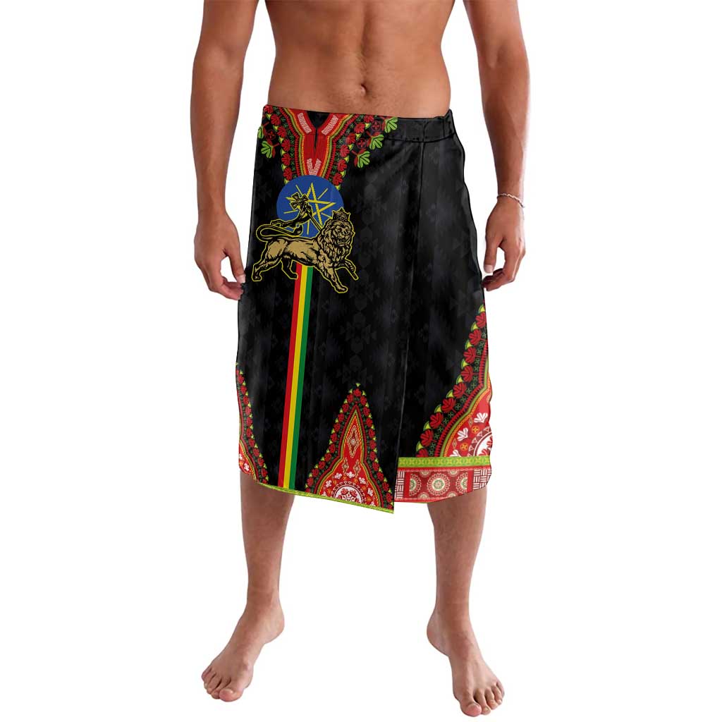 Black dashiki-style lavalava shorts with gold lion and star seal panel