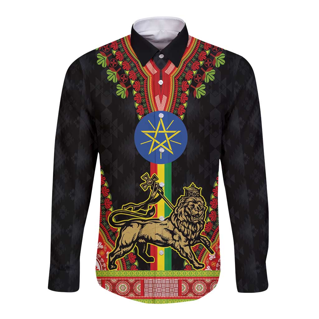 Black long-sleeve button shirt with red and green dashiki panel and lion graphic