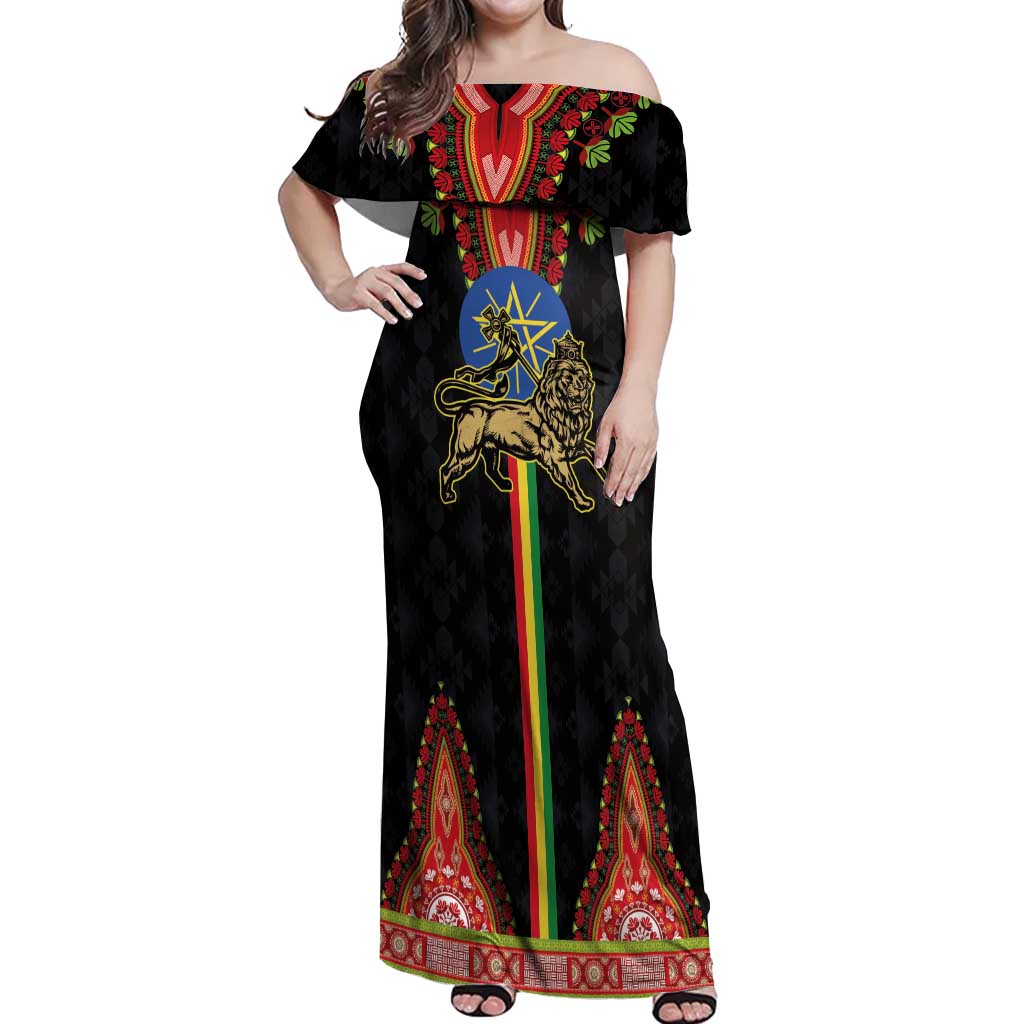 Ethiopia Culture Off Shoulder Maxi Dress Lion of Judah with The Star Seal - Dashiki Style