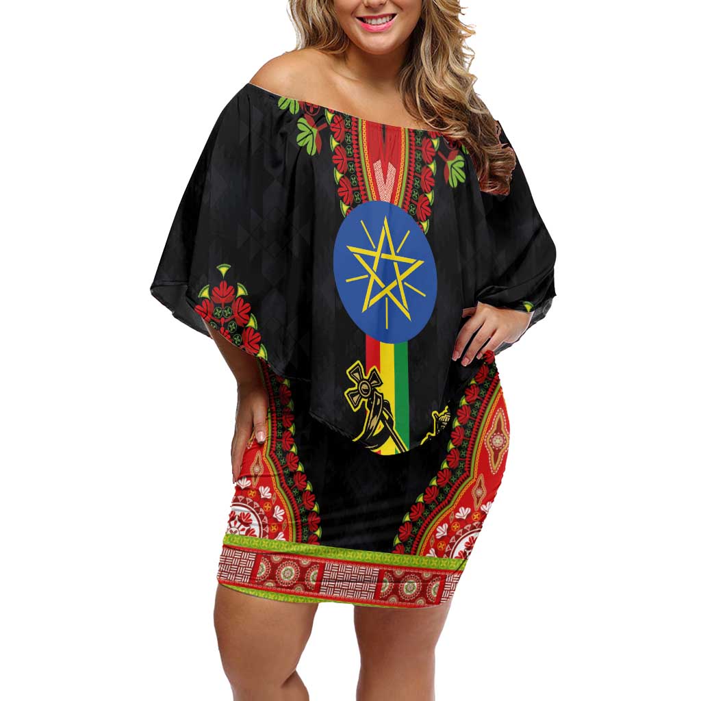 Ethiopia Culture Off Shoulder Short Dress Lion of Judah with The Star Seal - Dashiki Style