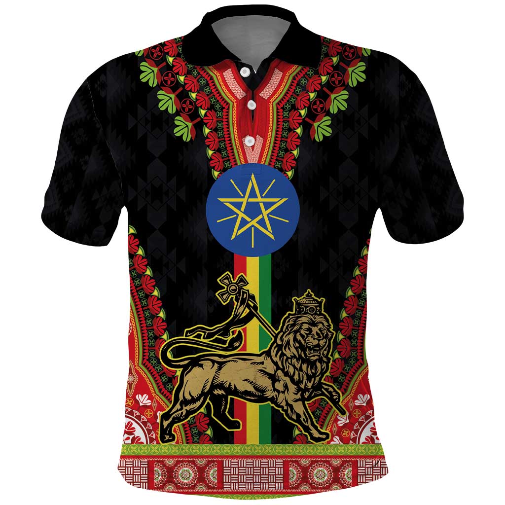 Ethiopia Culture Polo Shirt Lion of Judah with The Star Seal - Dashiki Style