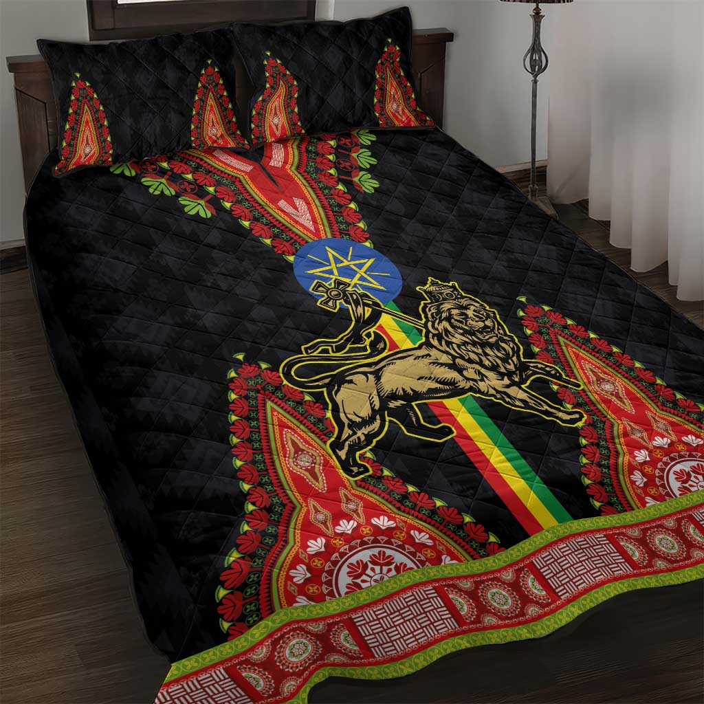 Black quilt bed set with gold lion and blue star emblem, rainbow stripe and red trim