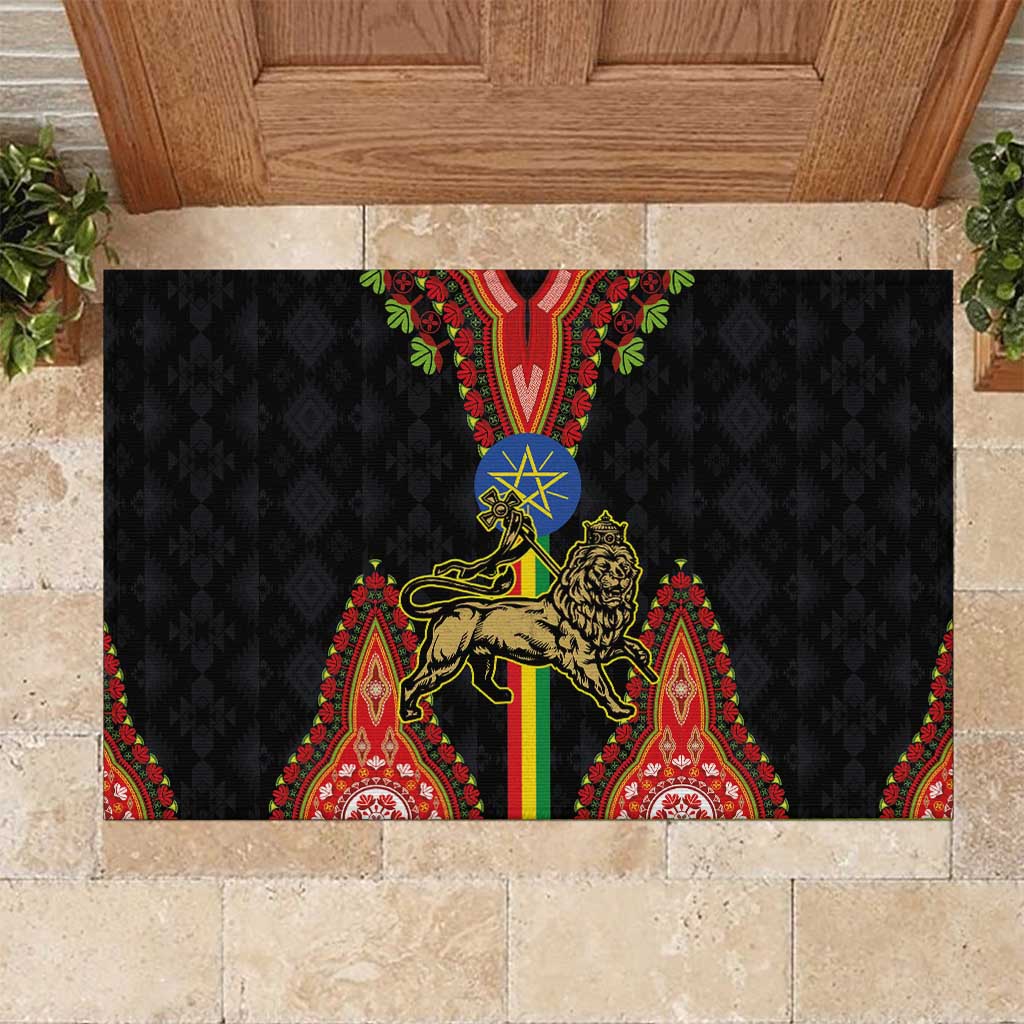 Black rubber doormat with Lion of Judah and star emblem in colorful dashiki border