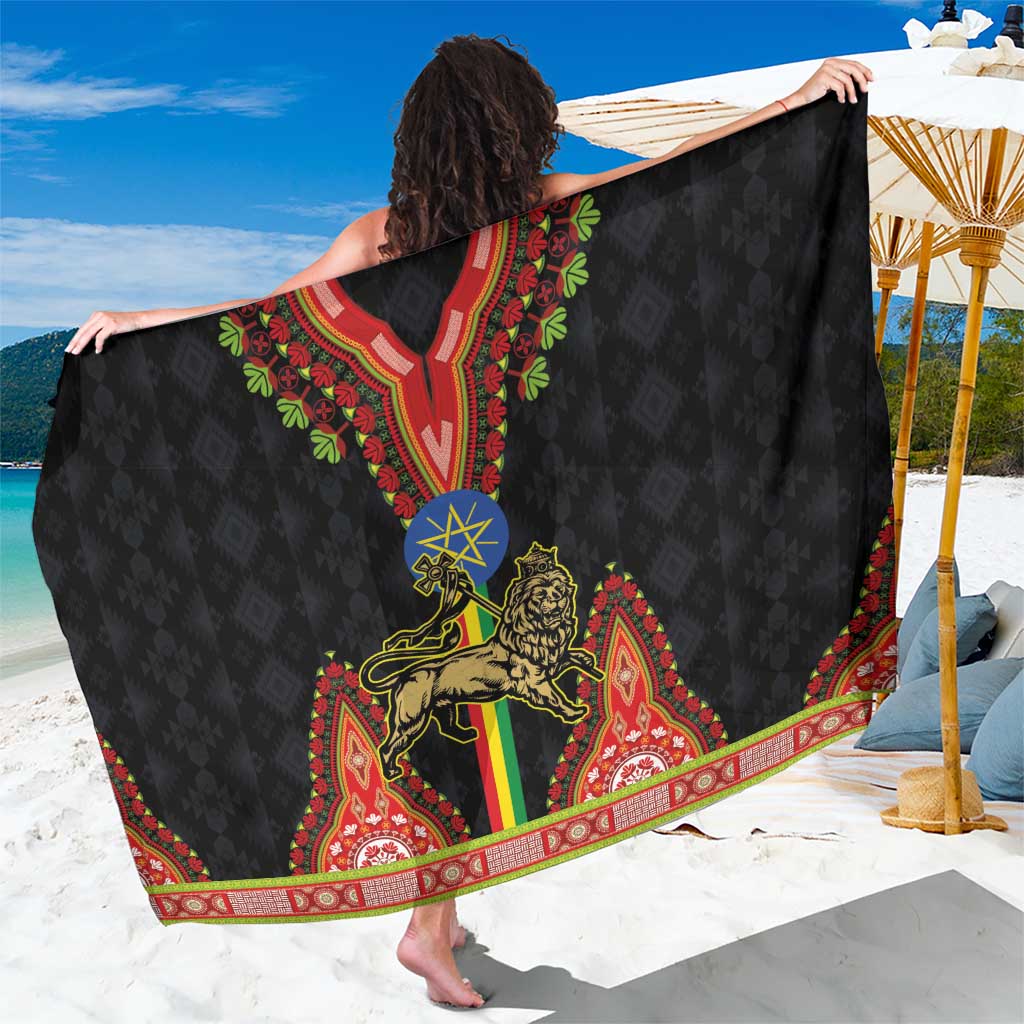 Black lion of Judah sarong with star seal, red-green dashiki border print