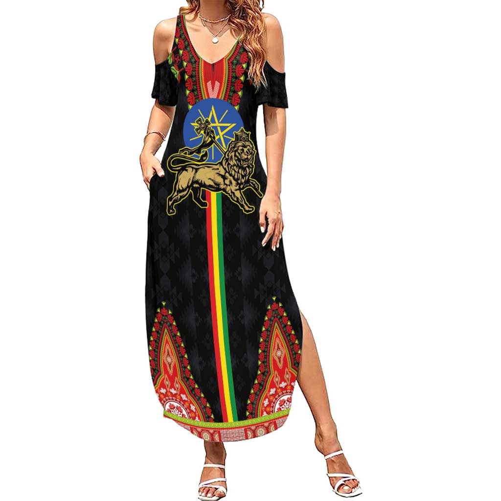 Ethiopia Culture Summer Maxi Dress Lion of Judah with The Star Seal - Dashiki Style - Wonder Print Shop