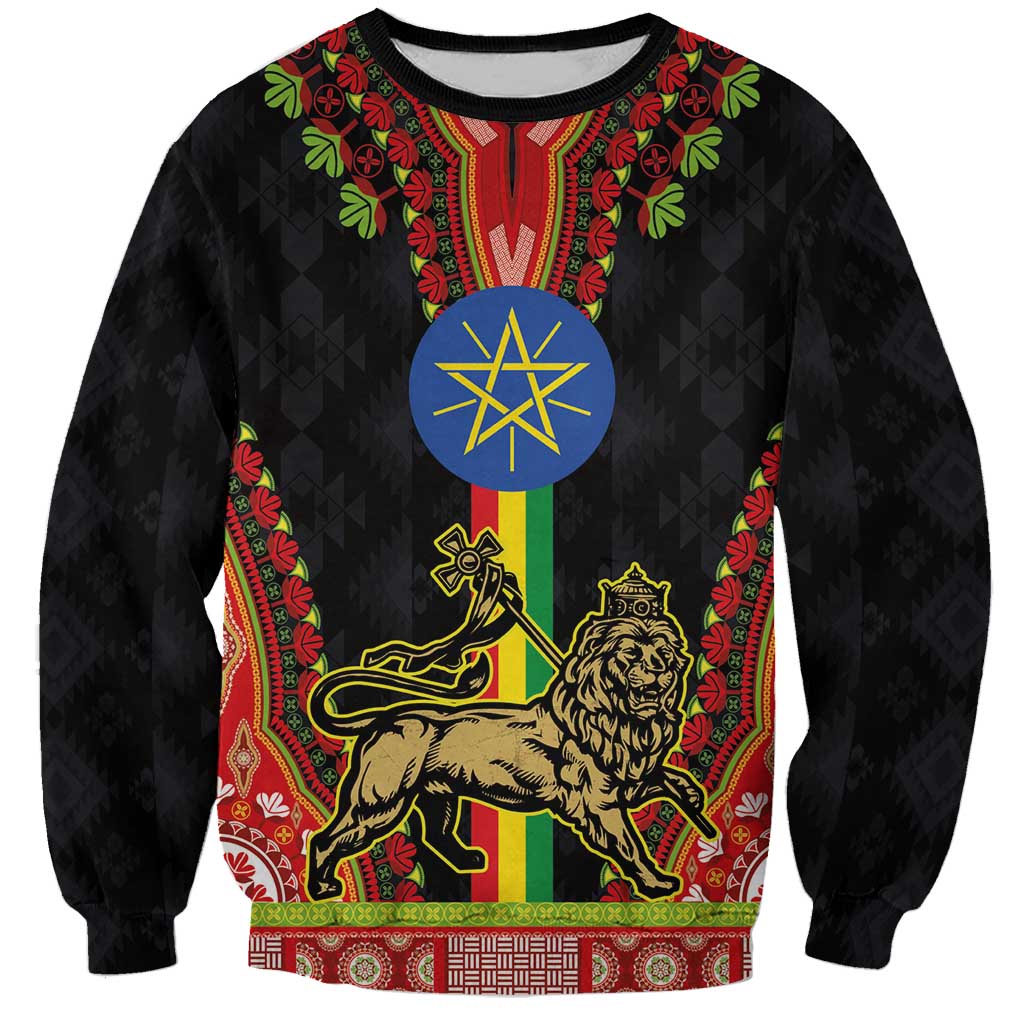 Unisex black crewneck sweatshirt with dashiki pattern, lion and blue star seal front