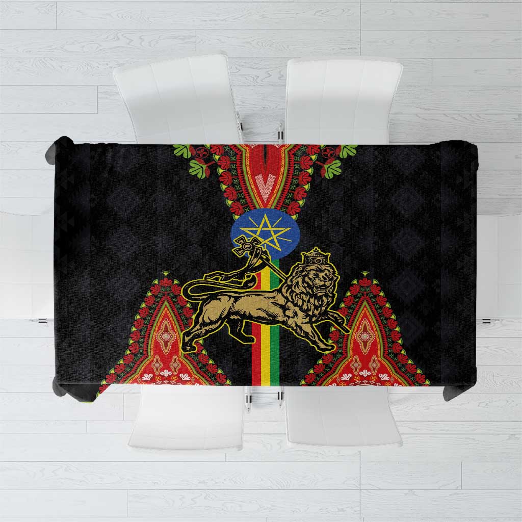 Black dashiki-style tablecloth with lion and star seal medallion centerpiece