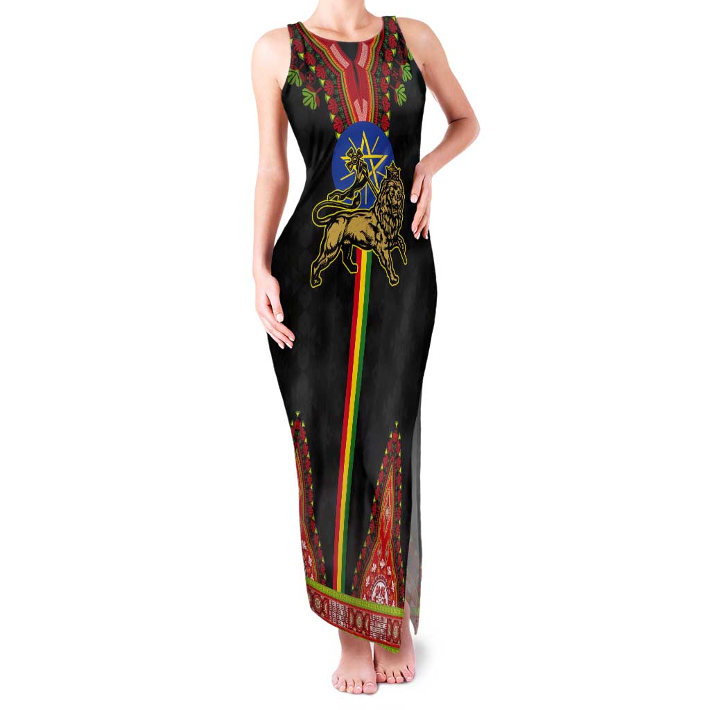 Ethiopia Culture Tank Maxi Dress Lion of Judah with The Star Seal - Dashiki Style - Wonder Print Shop