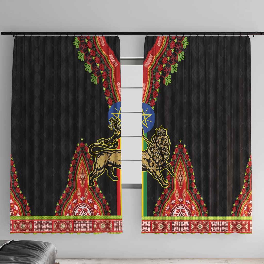 Black window curtain panels with gold lion and blue star seal medallion
