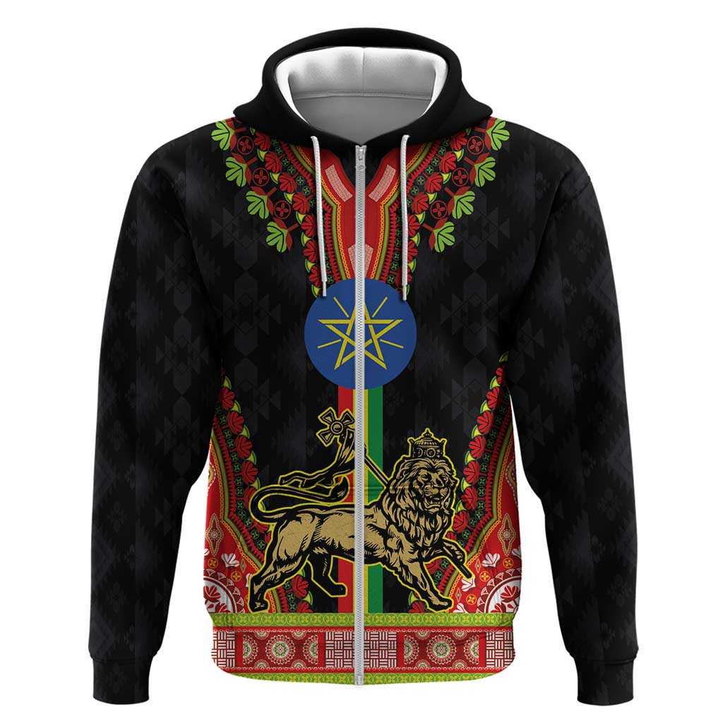 Ethiopia Culture Zip Hoodie Lion of Judah with The Star Seal - Dashiki Style - Wonder Print Shop