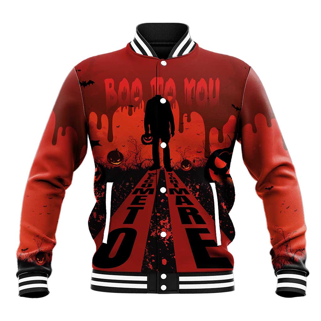 Red baseball jacket with striped ribbed collar and cuffs, button-front, horror graphic