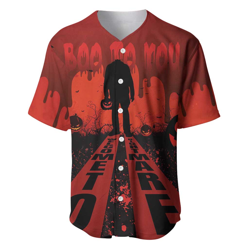Red baseball jersey with scary silhouette, BOO text, and pumpkin-horror print.
