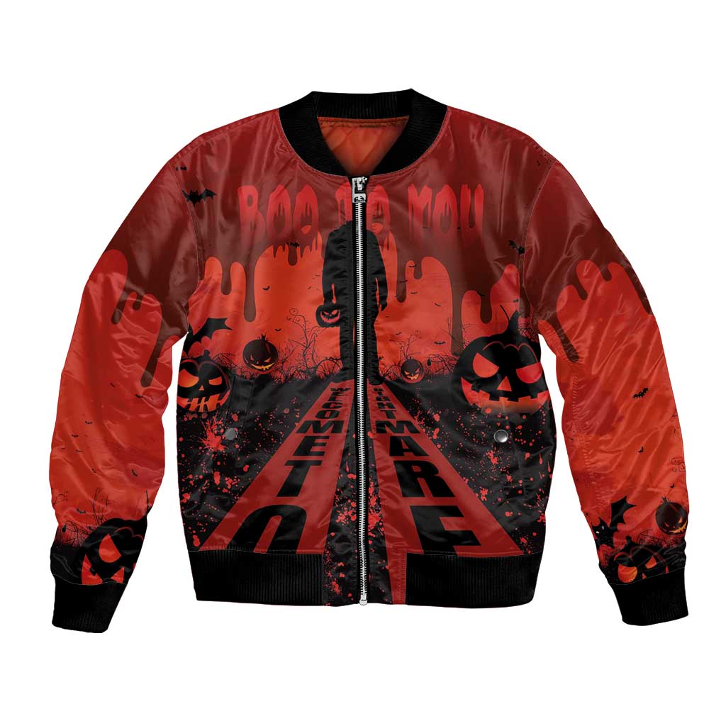 Red bomber jacket with black ribbed collar and zipper; creepy jack-o-lantern graphic front