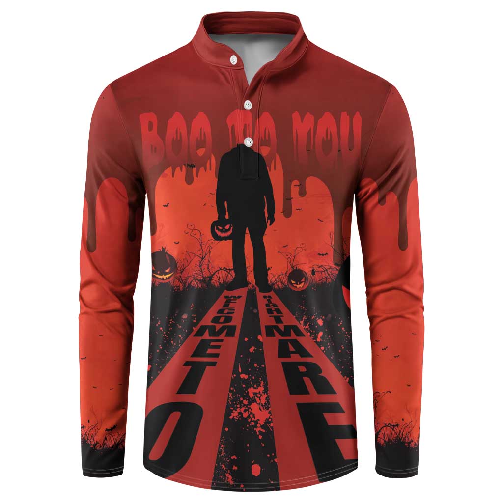 Red button-front Halloween sweatshirt with front creepy figure and jack-o-lantern faces, long sleeves