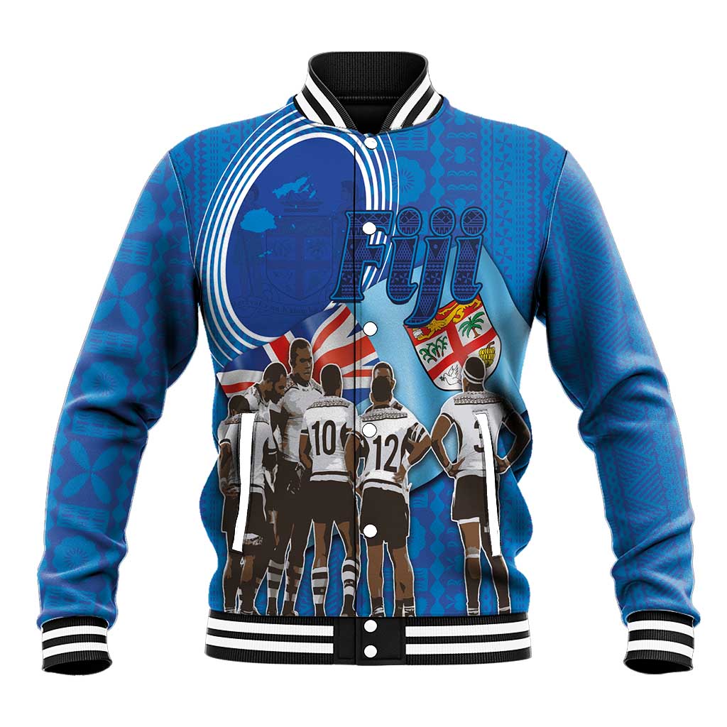 Blue rugby varsity jacket with striped collar, button front, player and trophy graphic