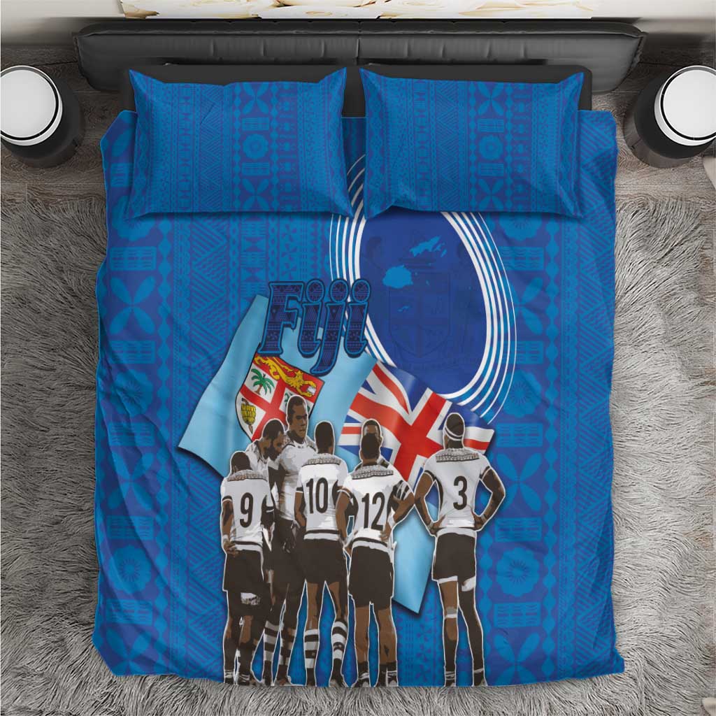Blue rugby bedding set top view with Fiji logo, player silhouettes, and flag artwork on duvet