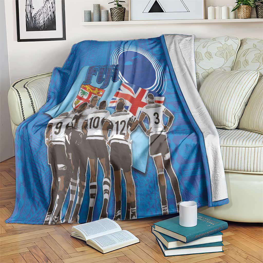 Blue Fiji rugby sevens blanket with team figures and circular ring design