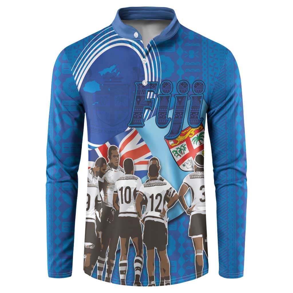 Blue rugby sevens button sweatshirt with long sleeves and large team graphic front