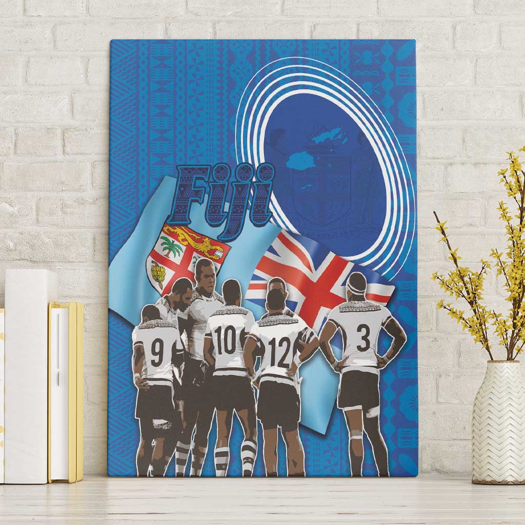 Blue Fiji rugby canvas wall art with Fiji text, players, flag, and circular line arch