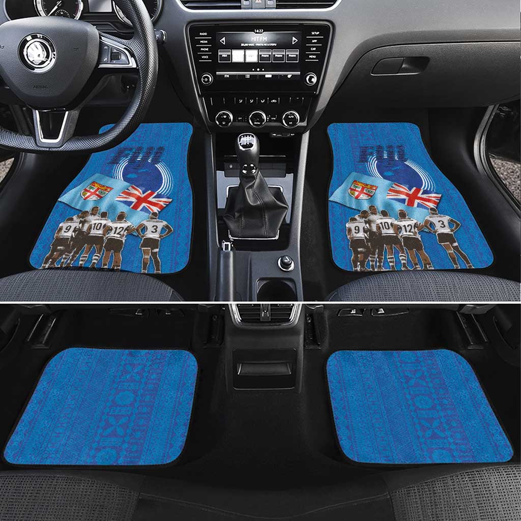 Blue rugby-themed car mats with player graphic and Fiji/UK flags for front seats.