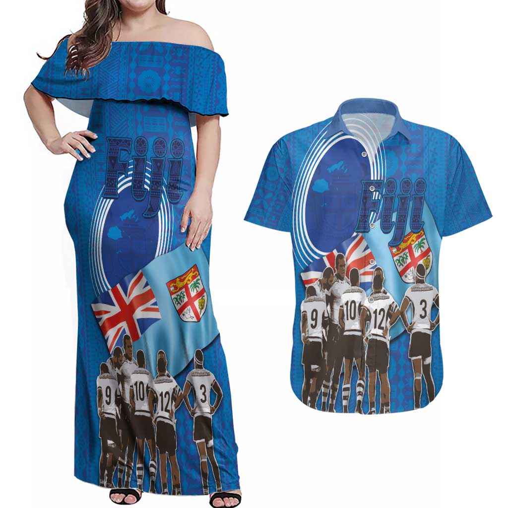 Fiji Rugby Sevens Couples Matching Off Shoulder Maxi Dress and Hawaiian Shirt Commemorate Gold Medal - Rio de Janeiro 2016 - Wonder Print Shop