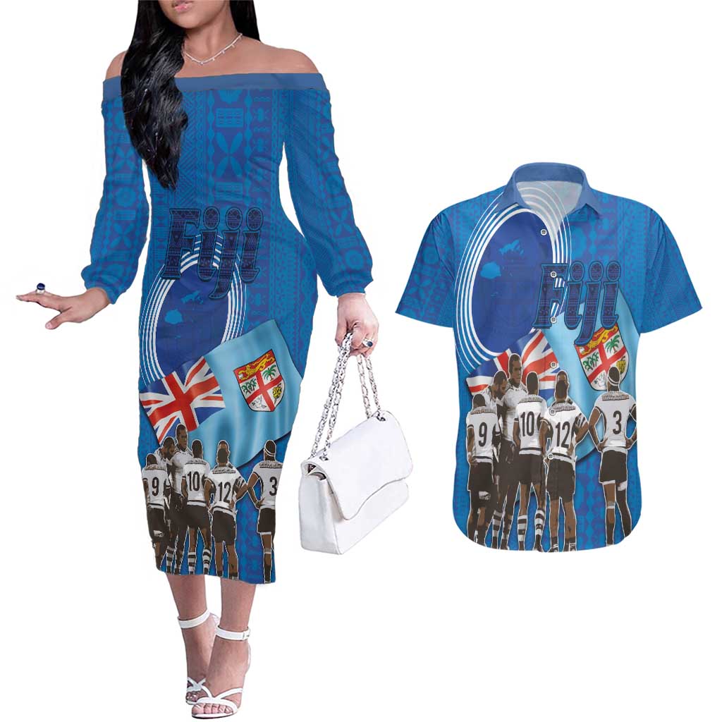 Fiji Rugby Sevens Couples Matching Off The Shoulder Long Sleeve Dress and Hawaiian Shirt Commemorate Gold Medal - Rio de Janeiro 2016 - Wonder Print Shop