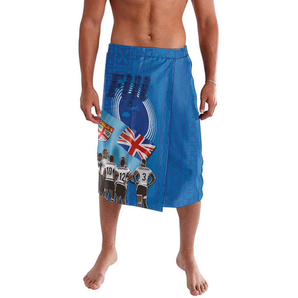 Blue drawstring swim shorts with graphic panel and Union Jack on front