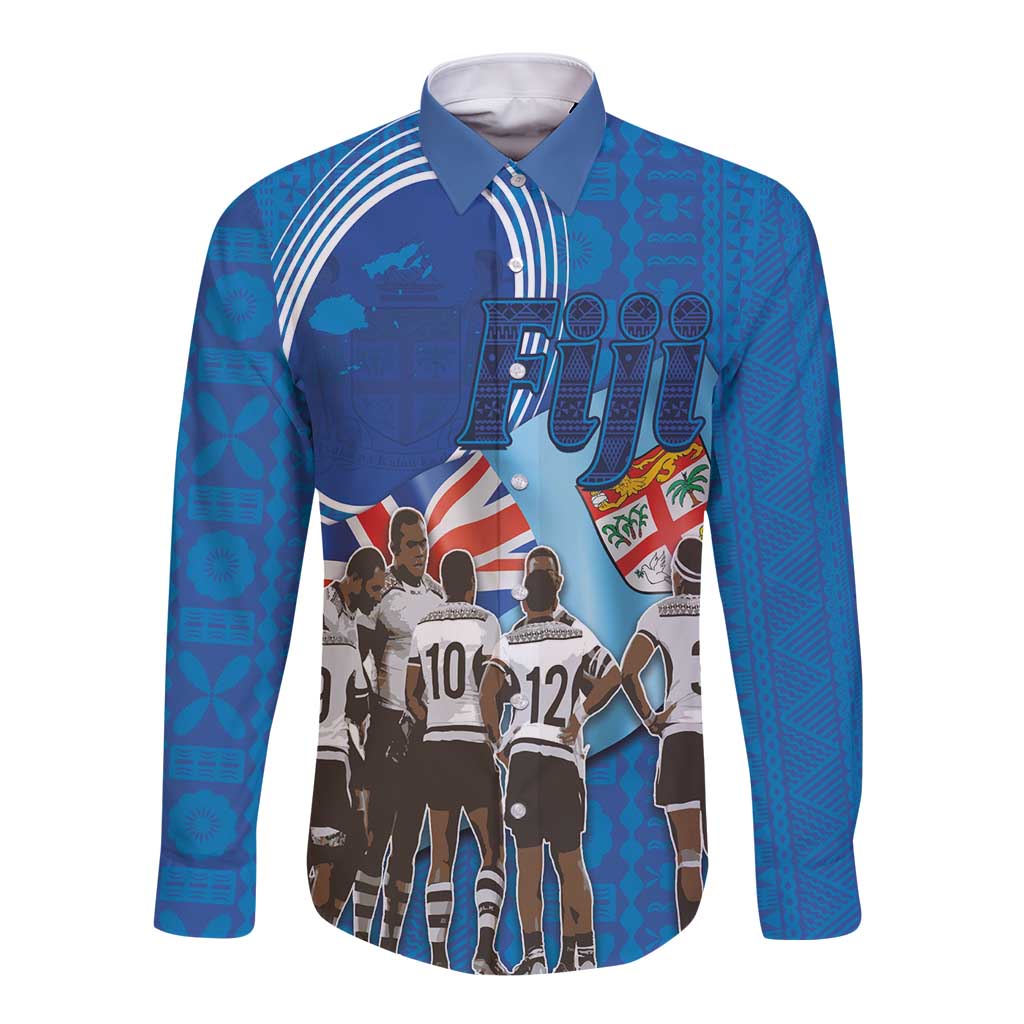 Blue long-sleeve rugby button shirt with collared front and Union Jack player graphic