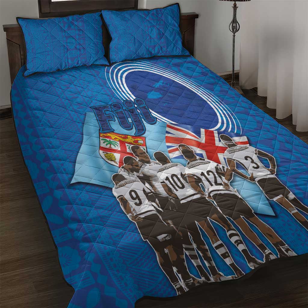 Blue quilt bed set with Fiji rugby team artwork, flag elements, and circular emblem; 2 pillows