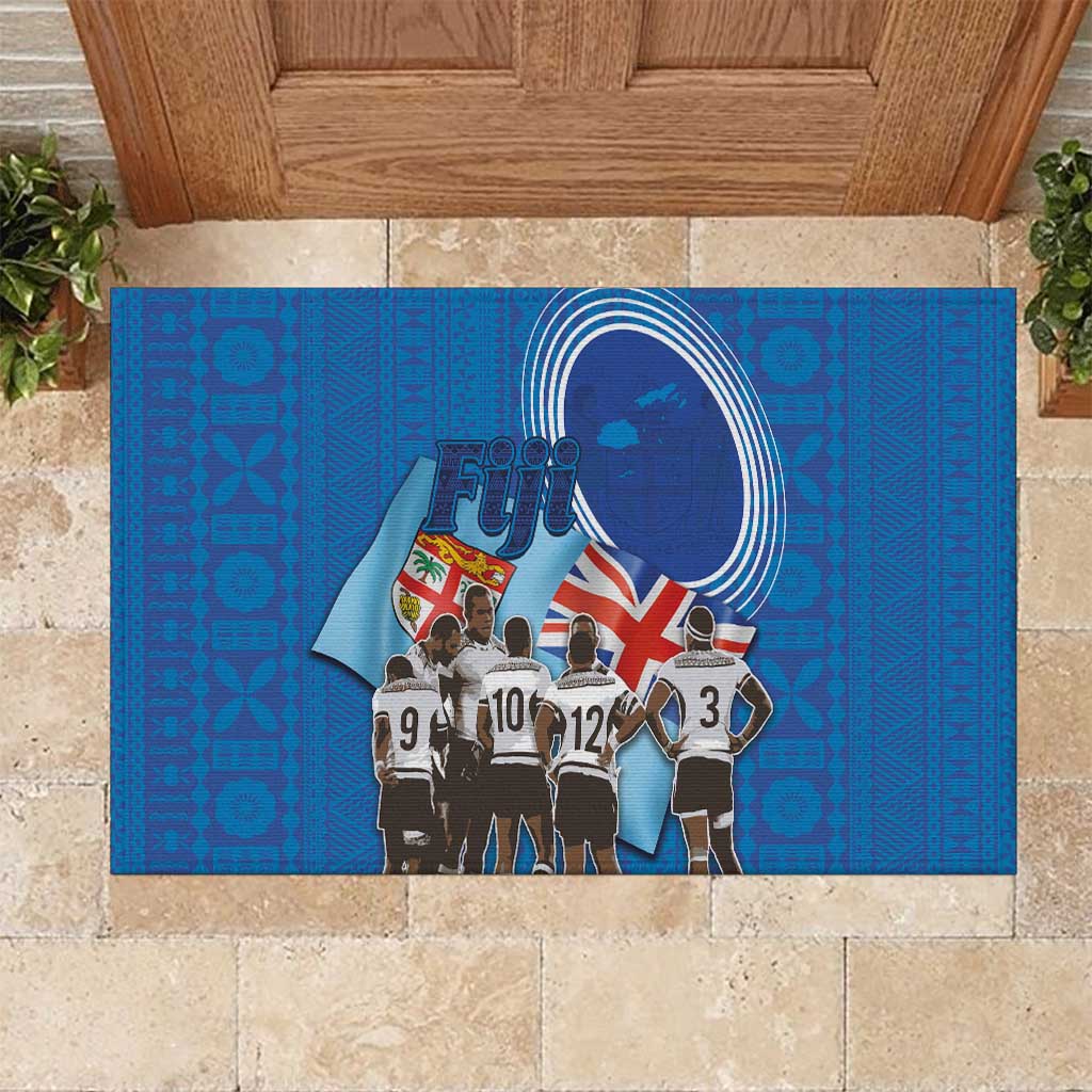 Blue rubber rugby doormat with Fiji graphic of players and flags