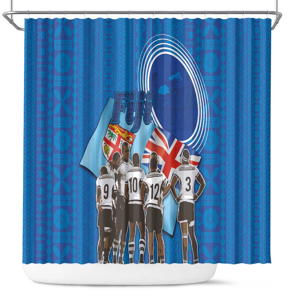 Blue shower curtain with Fiji team graphic, gold-medal athletes and flag at center