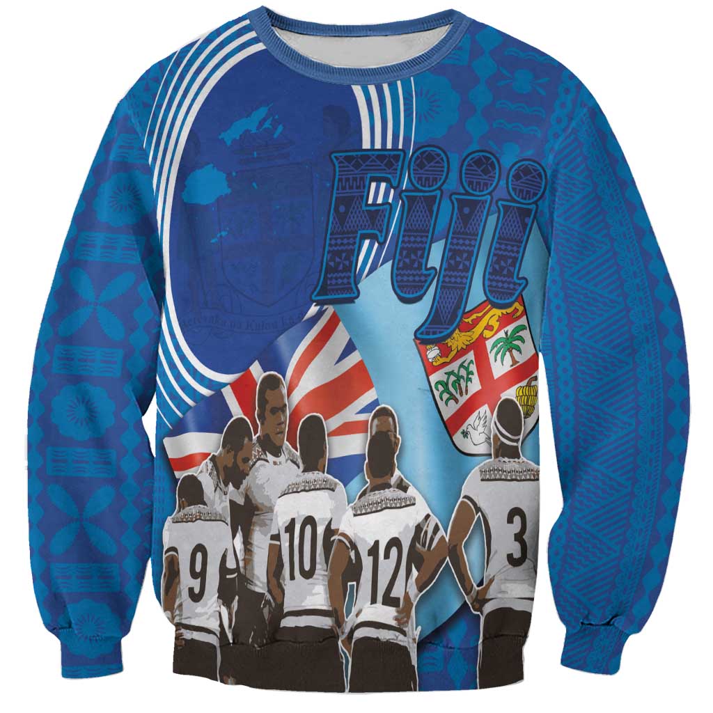 Blue rugby sevens sweatshirt with crew neck and large Fiji-themed graphic front